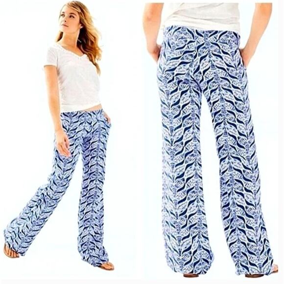 Lilly Pulitzer Bal Harbour Linen Palazzo Pants Blue Mermaid Tail Print Size XS - Picture 1 of 9